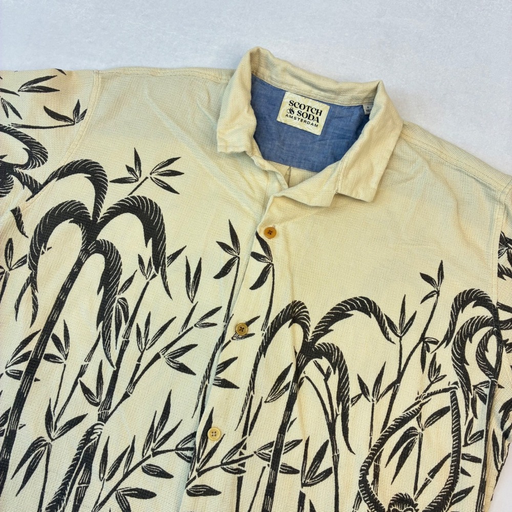 Scotch & Soda Button Up Mens Large Cream Bamboo Monkey Print Textured Shirt